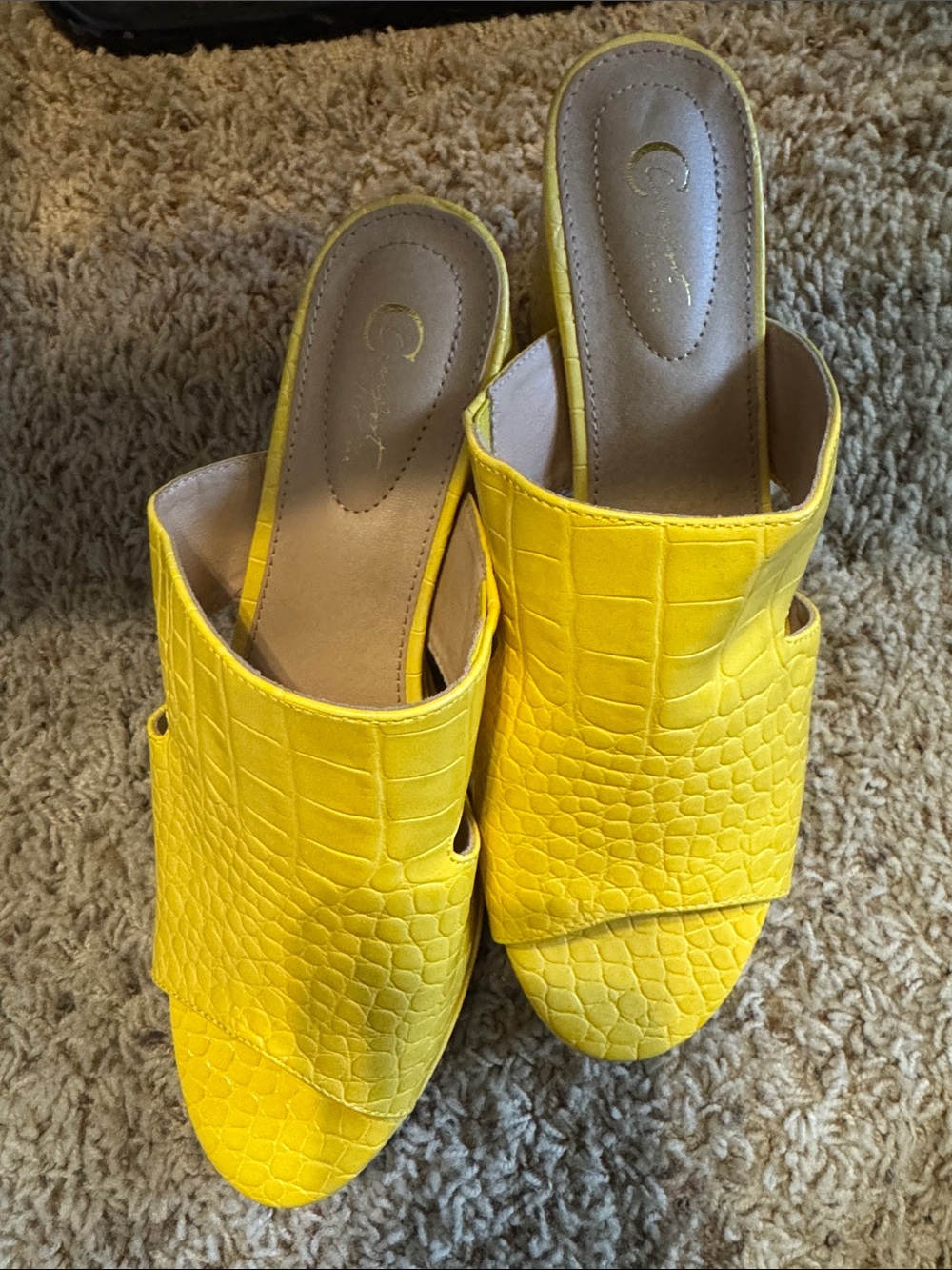 Yellow Croc-Embossed Slide Mules - Women